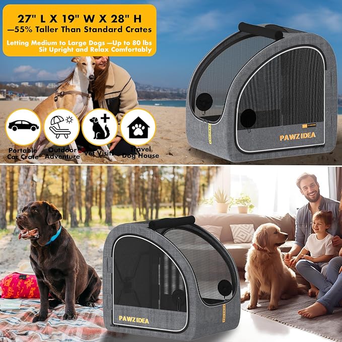 PAWZIDEA Portable Dog Crate for Car Travel, Medium & Large Dogs Up to 80lbs | Soft-Sided Dog Car Kennel for Backseat, Secures Seatbelt & Headrest Strap, Collapsible Enclosed Car Seat Carrier, Chew-Proof