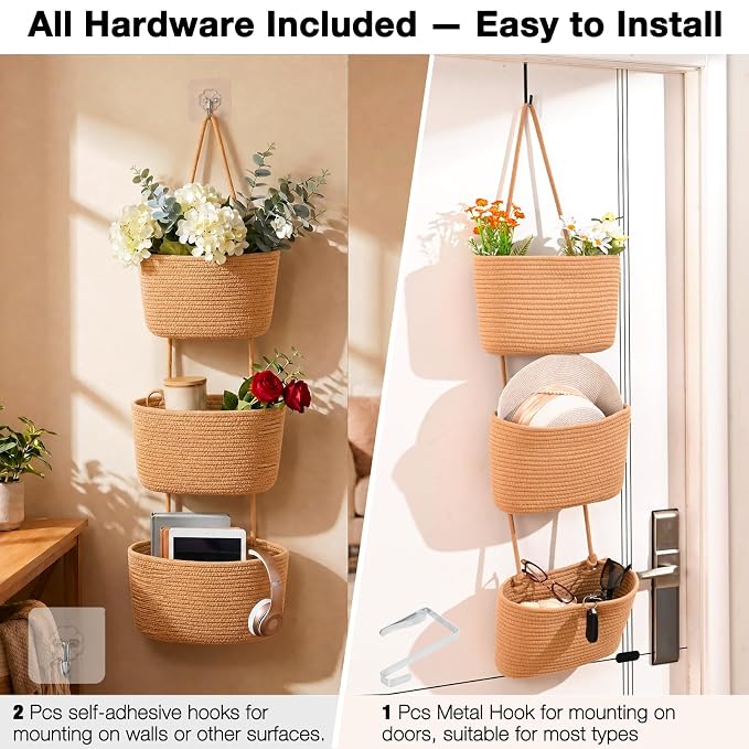 ICERZCZ Hanging Baskets for Organizing, Over the Door Decorative Storage Organizer, Nursery Decor Organization, 3-Tier Wall Basket for Entryway Playroom Bathroom Closet, Khaki