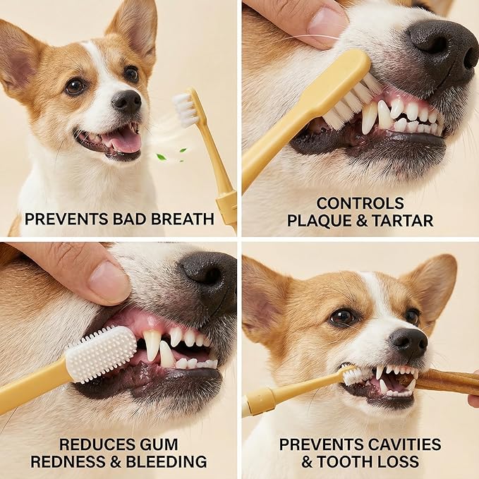 Dual-Head Pet Toothbrush for Small Dogs, Cats, Rabbits & Hamsters - Soft-Bristled Animal Oral Care Toothbrush (Yellow)