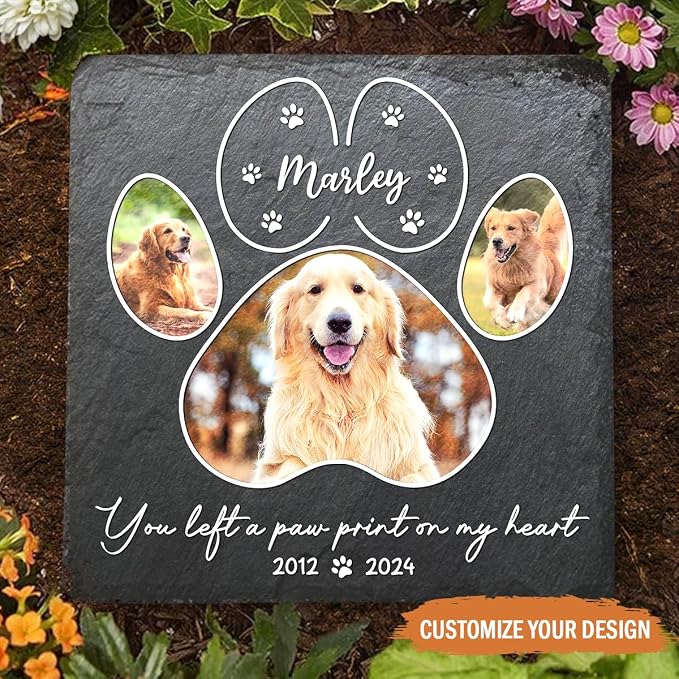 Wrappiness Pet Memorial Stone - You Left A Paw Print On My Heart, Personalized Dog Memorial Gifts, Remembrance Condolence Bereavement Gifts for Loss of Pet Custom Photo (Square 03, Stone with Stand)