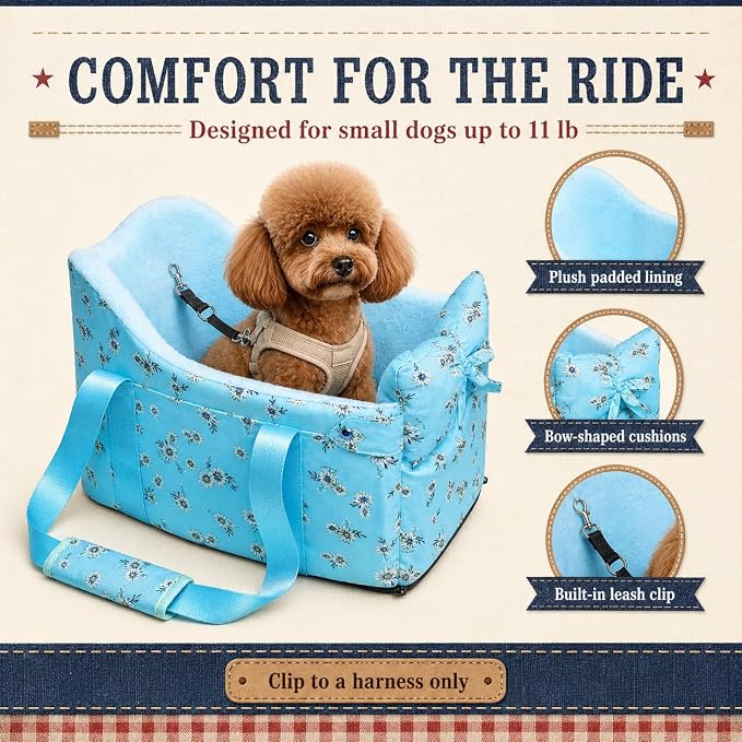 Console Dog Car Seat Up to 11lbs (Blue Daisy) | Portable Dogs Armrest Booster Seat for Small Dog, Anti-Collapse Pet Car Seat with Soft Cushion Safety Belt