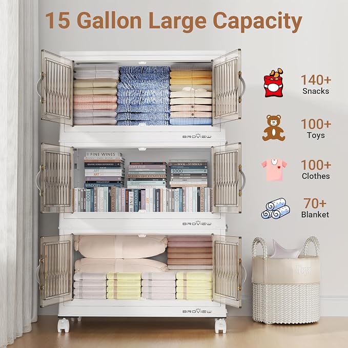 BROVIEW 240Qt Stackable Storage Bins with Lid for Home Dorm, 4Pack White | Closet Organizers, Foldable & Collapsible Cabinets, Large Containers, Wheels & Magnetic Doors, Plastic Drawers for School