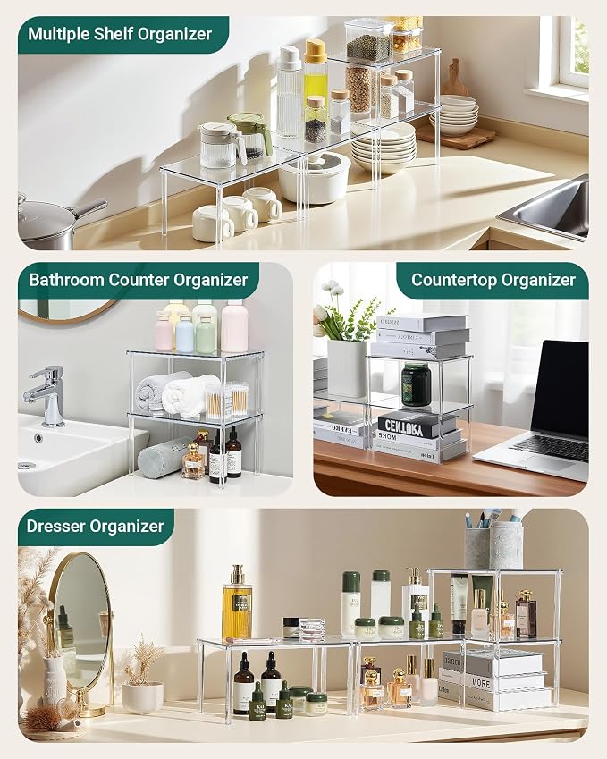 Acrylic Cabinet Organizer Set of 4, Stackable Spice Rack for Kitchen | Clear Shelf Organizer for Pantry, Cabinets, Countertops and Desks, Stackable Design Perfect for Spices and Small Items