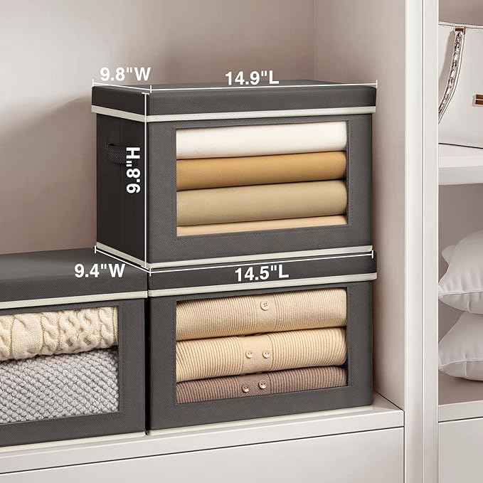Storage Bins with Lids - Fabric Storage Boxe with Window, Collapsible Closet Organizers with Handles, 9 Pack Decorative Bin, Home Cubes Baskets for Clothes, Hat, Books, Dark Grey