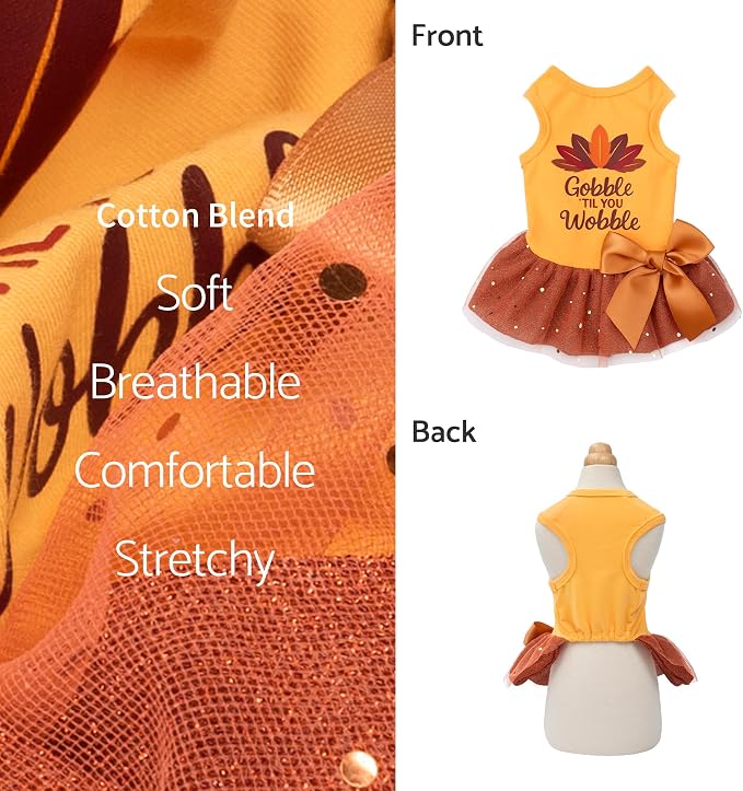Fitwarm Gobble 'til You Wobble Dog Dress, Funny Thanksgiving Outfit for Small Dogs Girl, Festive Pet Clothes, Yellow, Orange, Small