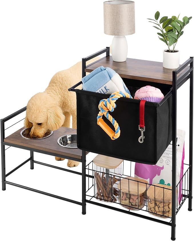 Elevated Dog Bowls with Storage - Elevated Dog Bowl Stand with 3 Adjustable Heights, Toy Bin Basket, and 2 Stainless Steel Bowls - Pet Feeding Station for Small to Large Breeds by PETMAKER (Black)