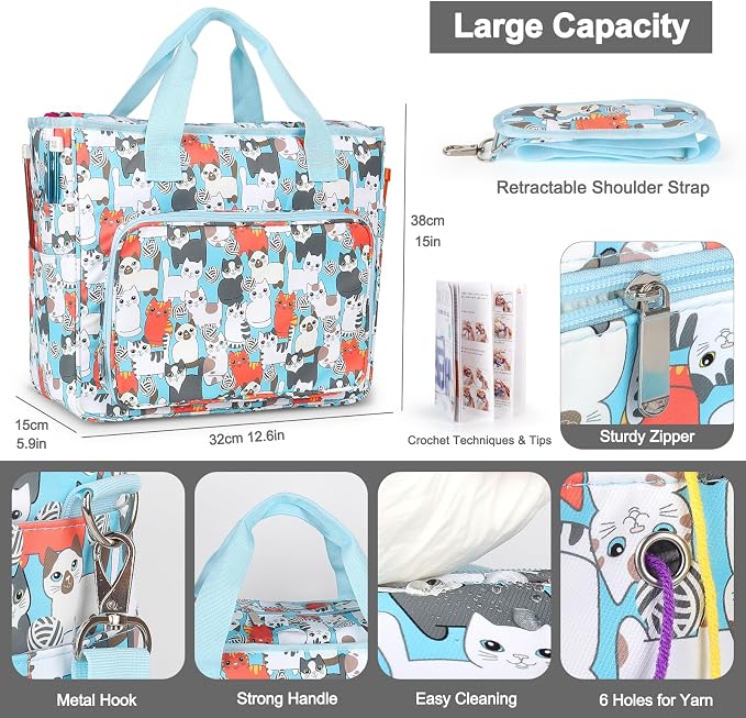 Katech Yarn Storage Bag-Large Capacity Crochet Bag Organizer for Crocheter | Multipocket Portable Crochet Bag Yarn Storage Organizers for Crocheting Project, Knitting Needles, Crochet Hooks and Yarn