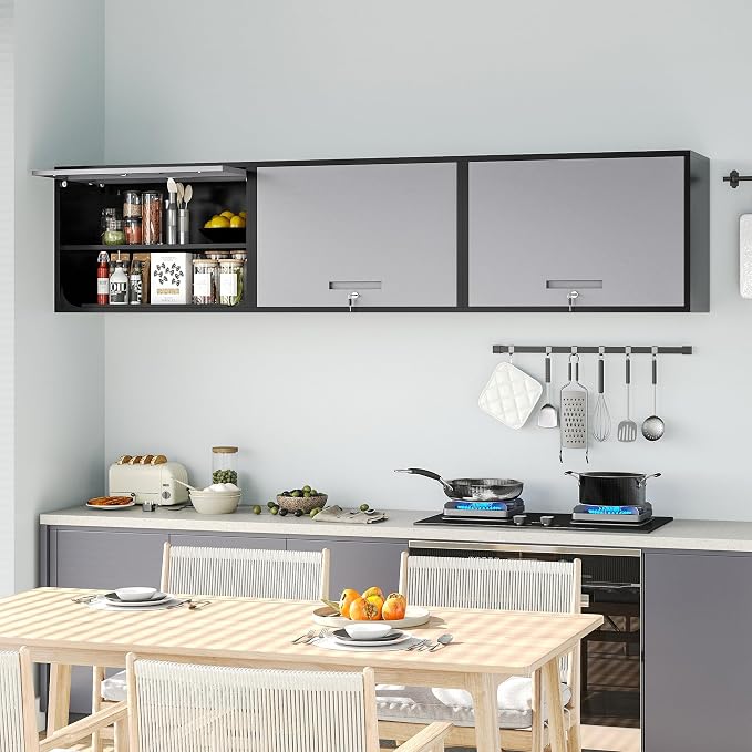 Metal Wall Cabinet with Locking Door and Shelf, Hanging Garage Cabinets with Up-Flip Doors for Garage, Warehouse, Home, Office, Assembly Required (Black Grey, One Cabinet)