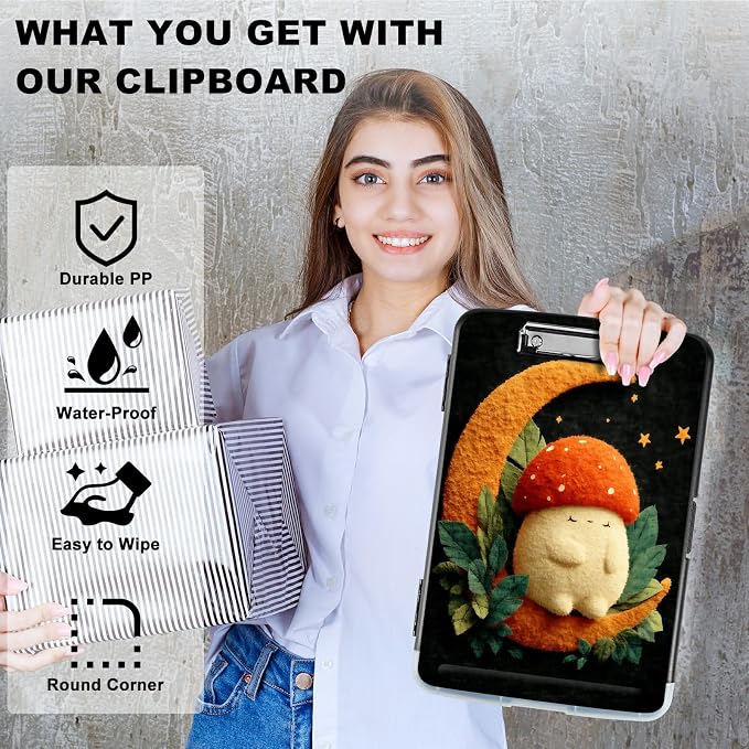 A4 Clipboard with Storage Pen Holder, Clipboards Organizer Nursing Clipboard Foldable File Folder Plastic Clipboard Folio Clip Board for Office Work Classroom Doctor, Orange Moon Mushroom