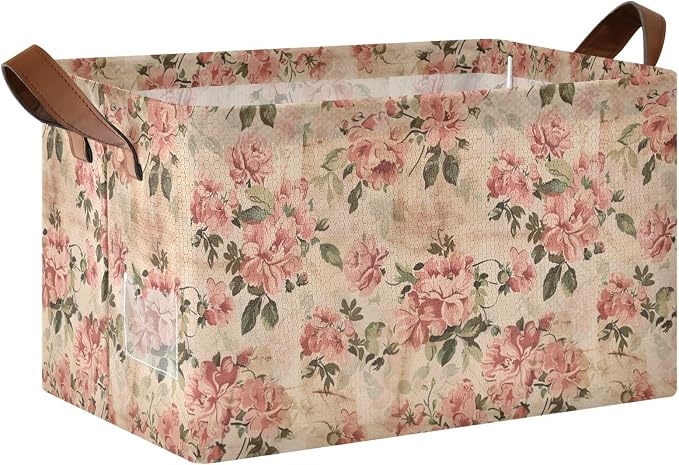 Rustic Vintage Pink Floral Retro Storage Bins for Shelves with Labels&Handles Fabric Organizer Bin Foldable Rectangle Storage Basket Boxes for Closet, Bathroom, Home, Living Room