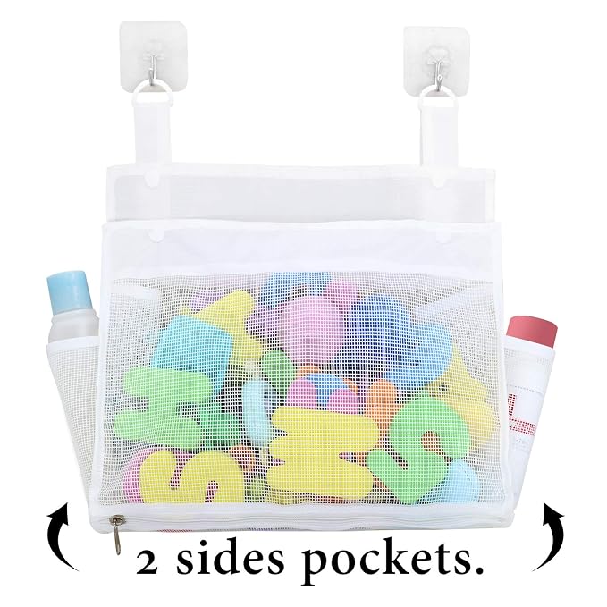 Muchfun Bath Toy Organizer Multiple Ways to Hang | Extra Large Opening Bathroom Toy Holder, Bottom Zipper Bathtub Toy Storage Bag (White)