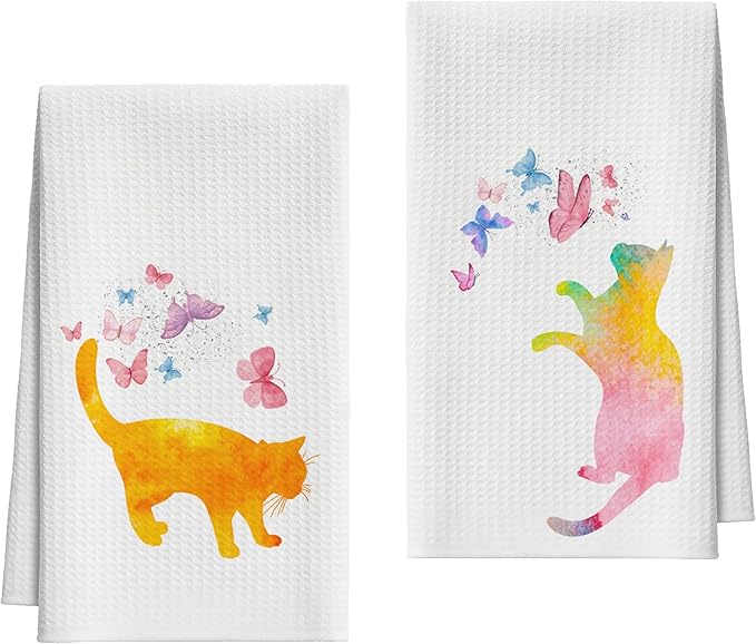 Kitchen Towels Set Of 2, Colorful Cat Dish Towel For Kitchen, Decorative Hand Towels For Bathroom, Fast Drying Tea Towel With Aesthetic Butterfly, Housewarming Gifts For Cat Lover Women Mom -B07