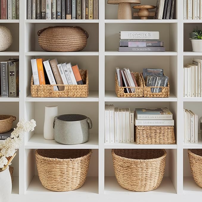 StorageWorks Water Hyacinth Basket Organizer, Pantry Storage Baskets,3-Pack | Wicker Baskets with Handles, Handwoven Shelf Baskets for Organizing, Handwoven Pantry Organizers and Storage, Pantry Baskets