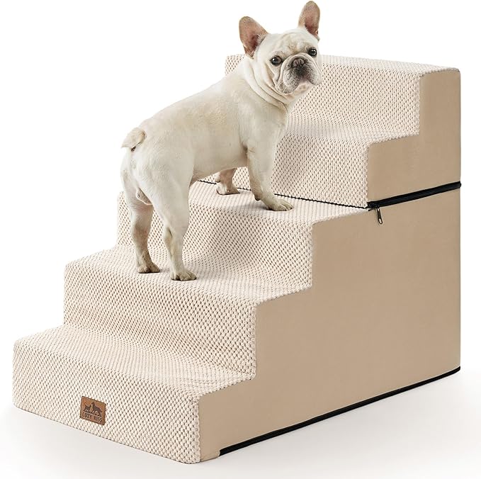 COZY KISS Dog Stairs for Small Dogs, 5 Step Pet Stairs for Beds & Couches | 23.6" H Wide Non-Slip Dog Steps with Removable Tiers & Support Board for Puppies, Older Cats & Dogs, Beige