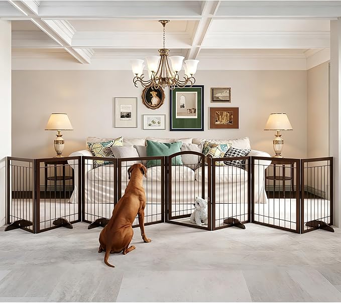JSB 192-inch Extra Wide 30-inch Tall Dog gate with Door Walk Through,Full Matel Freestanding Pet Gate for Halls, Stairs & Home, Pet Puppy Safety Dog Fence with 4PCS Support Feet (Espresso)