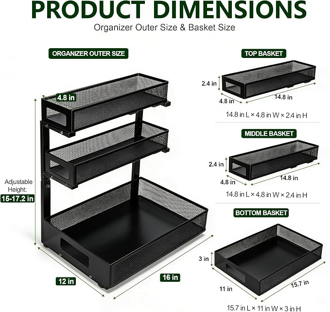 3 Tier Under Sink Organizer,2 Pack Pull Out Cabinet Shelves with Adjustable Height,Heavy Duty Carbon Steel L-Shaped Storage for Kitchen Bathroom Sink,Pantry & Laundry,Black