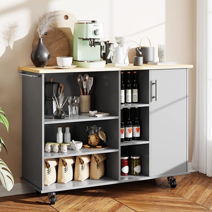 QAQA 48" Kitchen Island Cart Furniture cart on Wheels with Storage，Rolling Portable Dining Room Serving Utility Carts Mobile Movable with Drawers Cabinet,Grey
