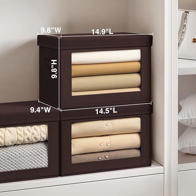 Brown Fabric Storage Bins with Lids - 6 Pack Modern Lidded-Home Storage Bins, 14 Inch. - Perfect for Clothes, Books, CD, Office Supplies