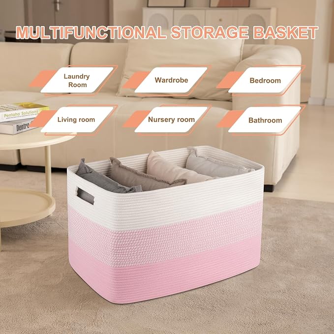 OIAHOMY 108L Extra Large Blanket Basket Dog Toy Basket Pink&White | Rectangle Woven Baskets for Storage Cotton Rope Basket For Living Room Toy Storage Blanket Storage Laundry Basket