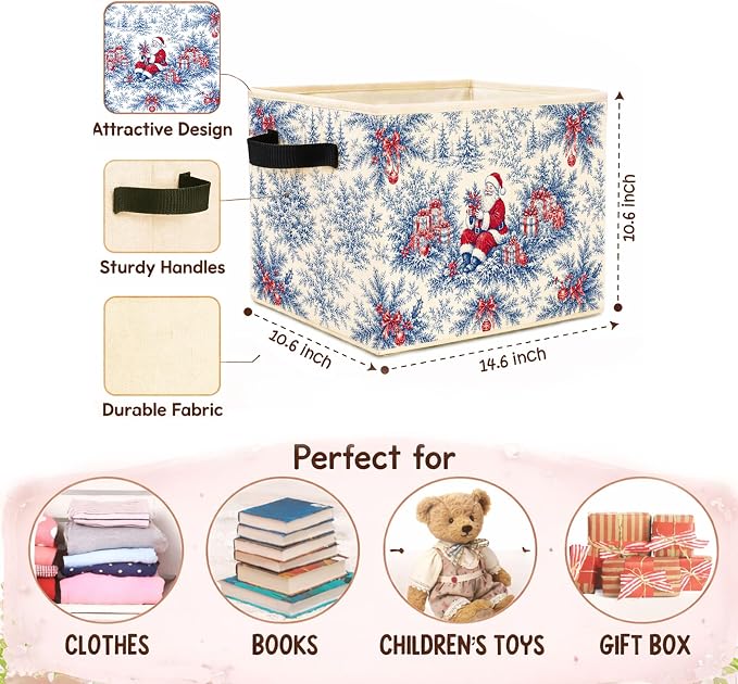 Blue Santa Toile Storage Bin, Christmas Organizer | Blue toile Santa storage bin with gifts, bows, pine branches, and ornaments for holiday toys, books, clothes, and shelves.