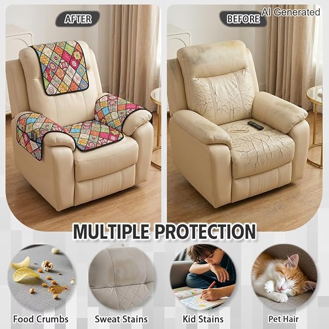 4PCS Quilted Recliner Slipcovers with Arms Mandala Patchwork | Recliner Chair Covers Floral Print Non-Slip Flower Furniture Protector for Armchairs Leather Recliners, Machine Washable
