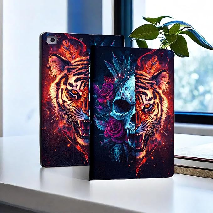 for Microsoft Surface Pro X/Pro X Plus-13 2019/2020/2021/2024 Tablet Case,Auto Wake/Sleep,Adjustable Stand Protective Cover - Tiger Skull