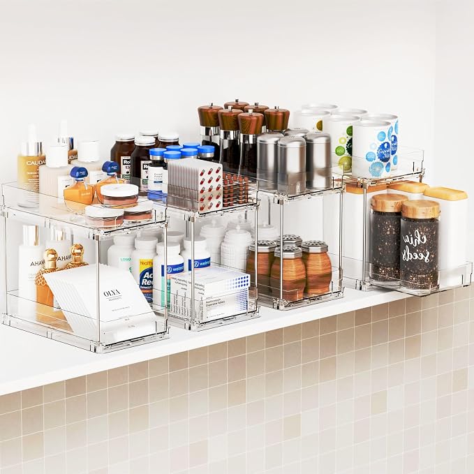4 Set Bathroom Organizers and Storage,2 Tier Clear Under Sink Organizer and Medicine Cabinet Organizer for Kitchen,Pantry Storage,Pull Out Drawers for Skincare,Pill Bottle,Spice Organization