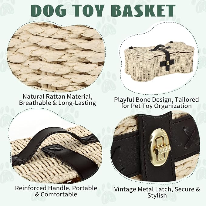 Bone Shaped Storage Basket Large Dog Toy Basket with Lid and Handles Dog Toy Bin Wicker Woven Bone Pet Organizer for Storing Frisbee Blankets Treats Pet Supplies