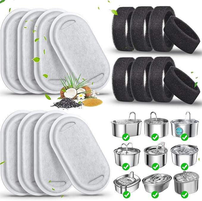 Cat Water Fountain Filters-8 Pack Replacement Filters & 8 Pack Replacement Pre-Filter Sponges Set for Stainless Steel 108/3.2L& 67oz/2L Adjustable Water Flow Pet Water Fountain