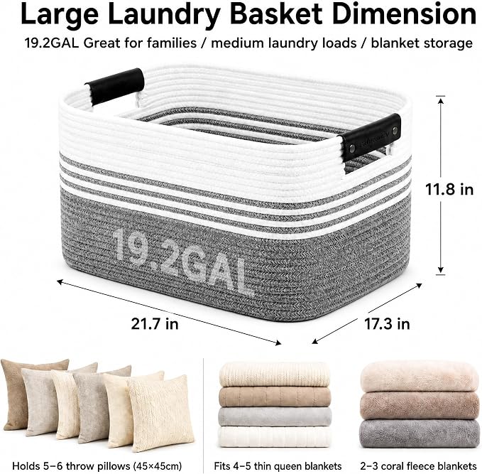 19.2GAL Sturdy Large Laundry Basket with Handles for Bathroom, Dorm Dirty Clothes, Portable Aesthetic Boho Cute Woven Storage Blanket Baskets for Living Room Decor Girls Boys Pets Toys Mix Black