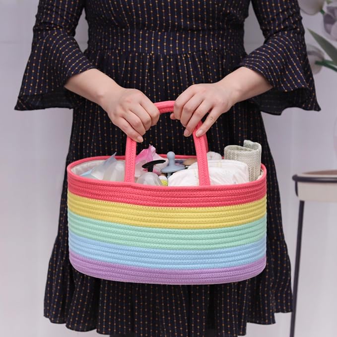 COMSE Baby Diaper Caddy Organizer with Handles, Cotton Rope, Rainbow