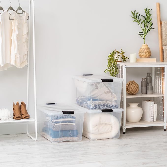 IRIS USA 6-Pack 72 Quart Storage Bins with Lids, Clear | Transparent design makes contents easy to find. Perfect for moving, blankets, clothing, and garage storage. Nestable design
