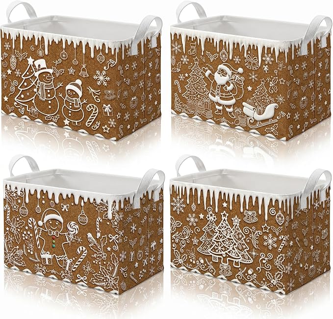 4 Pack Christmas Storage Bin Collapsible Large Christmas Gingerbread Storage Baskets for Gifts Canvas Laundry Basket Foldable Box with Handle for Winter Party Office Home Bedroom Clothes Decor