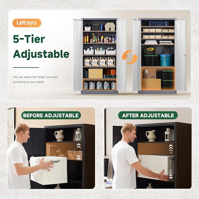 Metal Storage Cabinet with Lock Door and 5 Shelves,6 Tier Steel Garage Tool Cabinet for Home Office Utility Room 72" H X 36" W X18 D (White Gray)