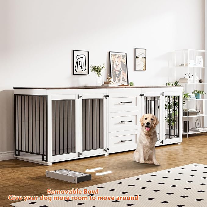 Rophefx 94.5" Dog Crate Furniture for 2 Dogs, Wooden Kennel TV Stand, White | Indoor double dog house with 3 storage drawers, 4 feeding bowls, lockable doors, and a wide top for large and medium dogs