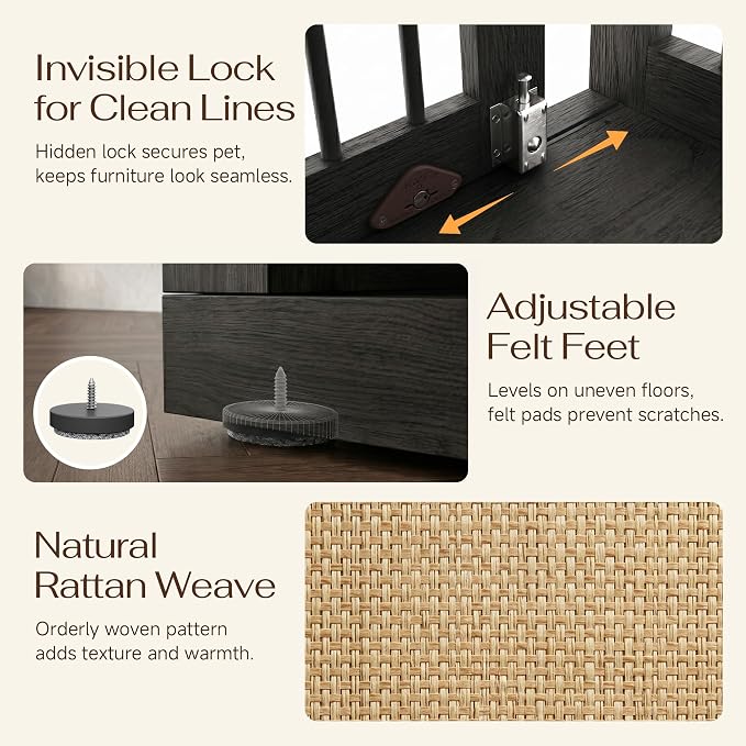 PureCozy Wooden Dog Crate Furniture, Left Unit, 40 Inch, Black Oak | Cane cabinet and metal sliding door with 2 storage drawers; furniture-style indoor kennel doubles as an end table.