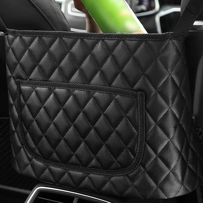1 PC Car Purse Holder Between Seats, Front Seat Large Capacity Leather Storage Bag, Multi-functional Backseat Barrier Organizer, Auto Console Pocket, for Most Cars, Kids, Pets (Black #A)