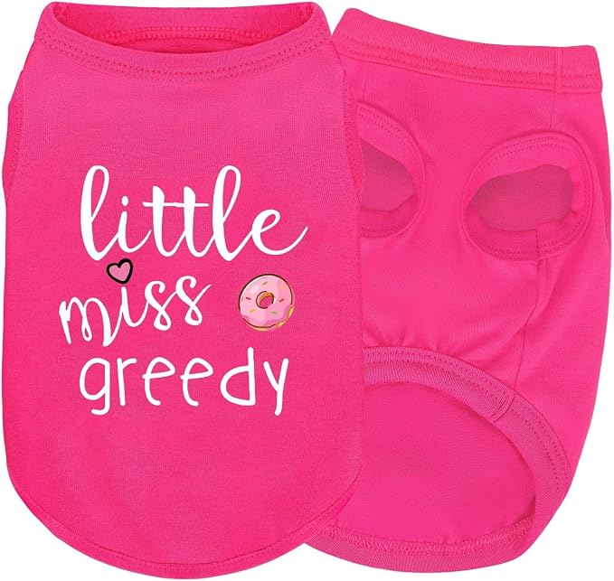 Pink Cotton Dog Shirt with 'Little Miss Greedy' Print, Soft & Breathable Pet Apparel for Small to Large Dogs, All-Season Sleeveless Vest, Cute and Comfortable Dog Outfit.Pink Donut M