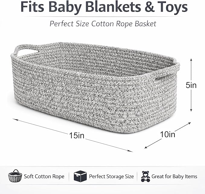 GIFTEXPRESS Gray Woven Basket - 15" x 10" x 5" Cotton Rope Organizing Baskets for Baby Items or Cat & Dog Toys - Cute Soft Gift Storage Bin w/Handles
