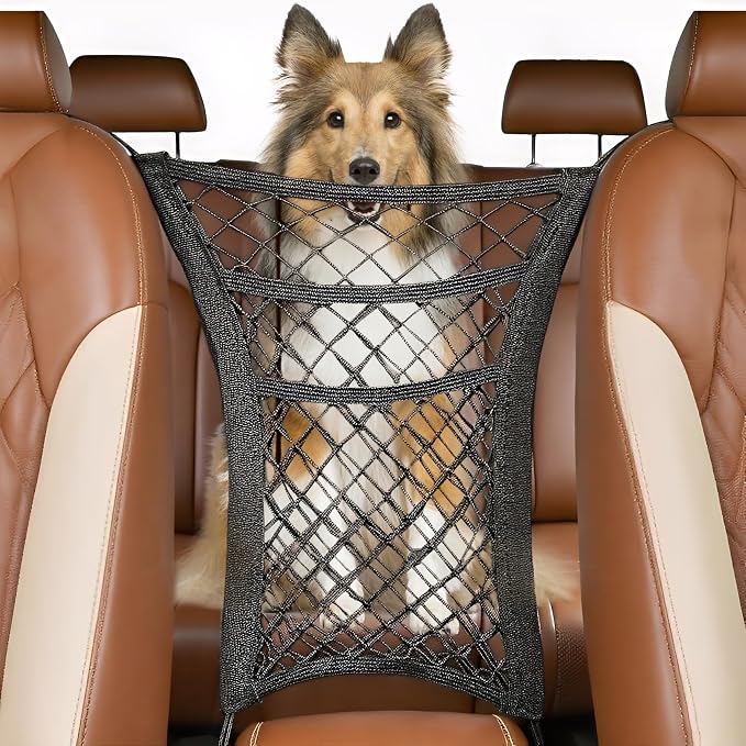 Car Mesh Organizer, Car Organizers and Storage, 3 Layer Driver Storage Netting Pouch, Auto Accessories Elastic Mesh Trunk Bag Backseat Pet Kids Barrier Universal for SUV Van Truck