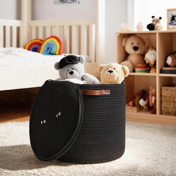 Storage Basket with Lid, 15"x13" Round Woven Blanket Storage for Living Room, Decorative Cotton Rope Hamper with Zipper Top, Black Laundry Basket with Lid, Floor Covered Kids Dog Toy Bin Box