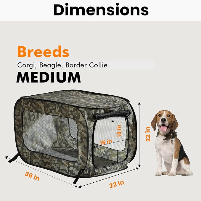 Portable Collapsible Pop Up Kennel, 36" L x 22" W x 22" H, Camo Green | Collapsible indoor/outdoor travel cat and dog crate with mesh screen windows pops up and folds flat for easy storage
