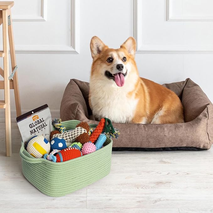 MEGASKET Green Basket, Woven Baskets for Gifts Empty, Medium Cotton Rope Dog Toy Box, Green Room Decor, Cute Baby Nursery Storage Organizer with Handle, Decorative Wicker Bin for Organizing Gift Towel