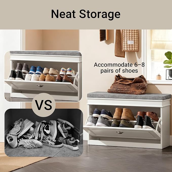 Haotian Shoe Storage Bench with Cushion | White Narrow Shoe Rack for Entryway, Small Shoe Cabinet with Flip-Drawer, Closet Hallway Mudroom FSR82-L-W