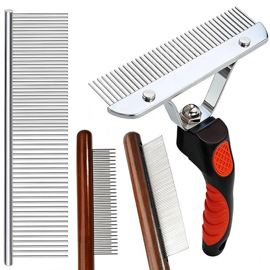 Rake Brush for Dogs, 4-Pack Long-Tooth Undercoat Brush Set, Grooming Rake & Steel Shedding Comb & Double-Sided Teech Comb & for Double Coat German Shepherds Horses