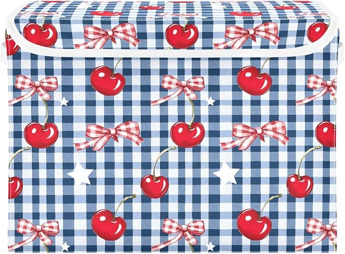 Cherry Gingham Fabric Storage Bins with Lid Foldable Storage Boxes Baskets | Decorative Storage Boxes, Foldable & Stackable, Dust-Proof Flip Top, Reinforced Handles, For Home & Dorm, Clothes & Toy Box
