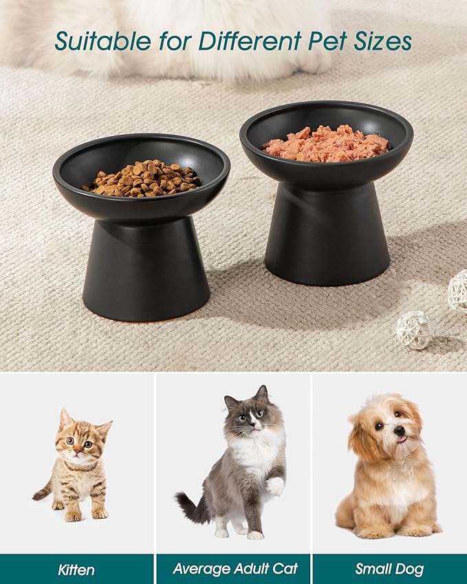 vancasso Elevated Cat Food Bowls 2-Pack, 6.2" Wide Shallow Cat Feeding Bowl for Whisker Fatigue, 5.1" Height Ceramic Raised Food Bowls for Senior Cats, Anti Vomit, Black