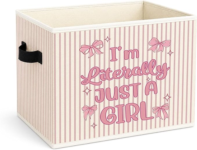 Just A Girl Storage Bin, Pink Bow Coquette Stripe Fabric Basket | Foldable collapsible fabric organizer for girls room, dorm room, nursery, bedroom, toys, books, clothes