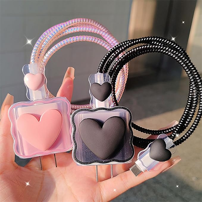 Cable Protector Charger Cover for iPhone iPad 18W/20W Charger Adapter,Kawaii Love Heart Charger Cord Protector,Soft Phone Cord Protector for iPhone iPad 18W/20W USB-C 1112 13 14 15 16 17 Pro Max-Black