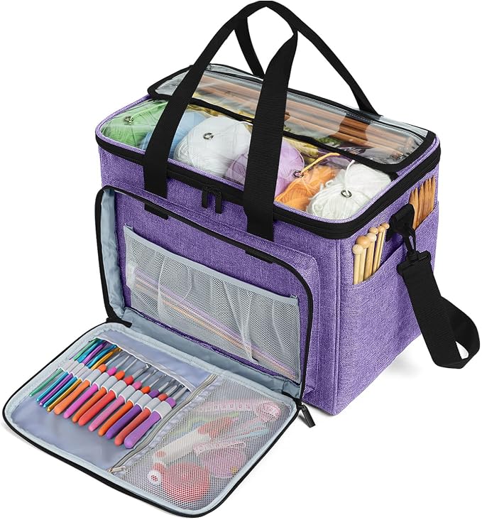 Teamoy Knitting Bag, Yarn Storage Organizer Crochet Bag Tote, Purple | Yarn Holder with Inner Divider(Sewn to Bottom) for Crochet Hook, Knitting Needles(Up to 14"), Project and Crocheting Supplies